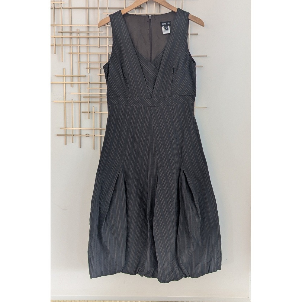 Ronen Chen Bubble Hem Dress Gray Pinstripe Sleeveless V-Neck Sz 3 (M) Designer